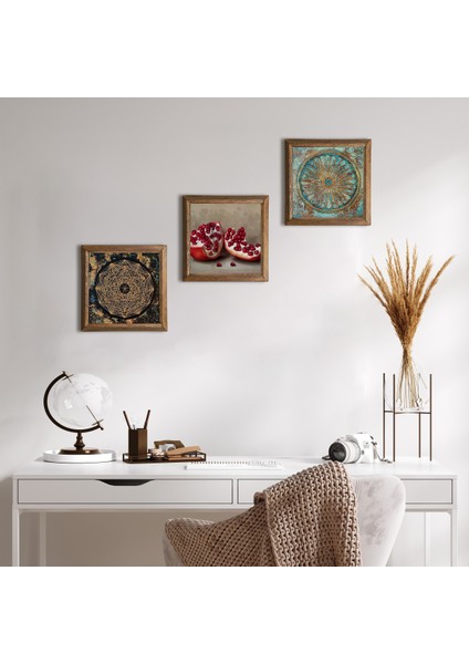 Sri Yantra, Yaşam Çiçeği, Nar Taş Duvar Tablosu Ahşap Çerçeveli Duvar Dekoru 3 Parça Tablo Seti Wall Art W3-1653