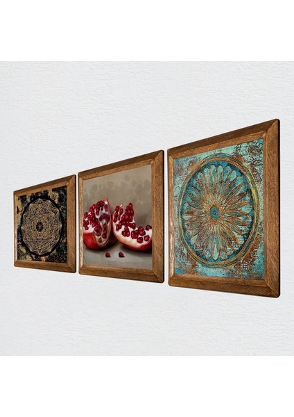 Sri Yantra, Yaşam Çiçeği, Nar Taş Duvar Tablosu Ahşap Çerçeveli Duvar Dekoru 3 Parça Tablo Seti Wall Art W3-1653 fiyatları