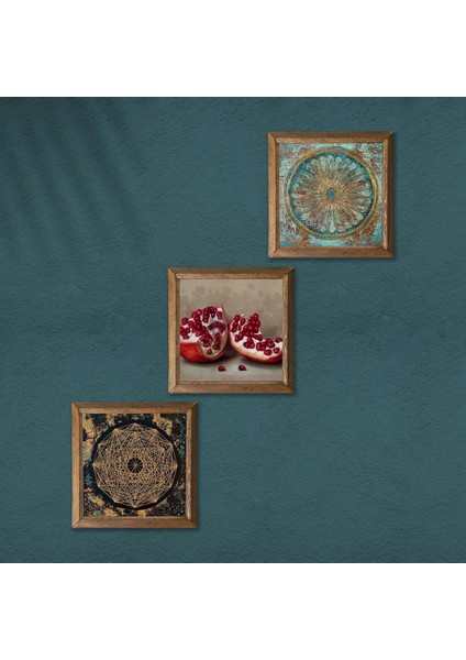 Sri Yantra, Yaşam Çiçeği, Nar Taş Duvar Tablosu Ahşap Çerçeveli Duvar Dekoru 3 Parça Tablo Seti Wall Art W3-1653 modelleri