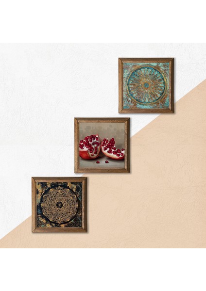 Sri Yantra, Yaşam Çiçeği, Nar Taş Duvar Tablosu Ahşap Çerçeveli Duvar Dekoru 3 Parça Tablo Seti Wall Art W3-1653 indirimleri
