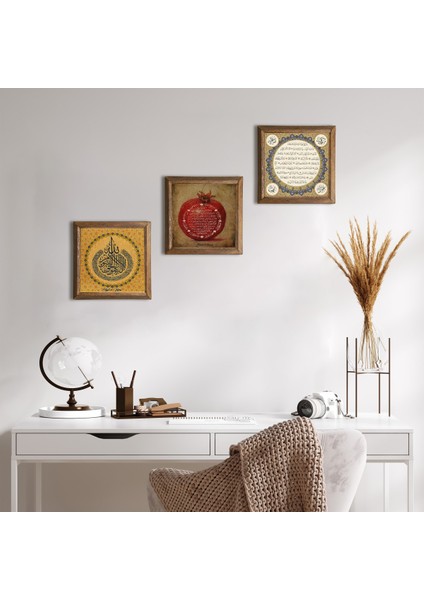 Ayet-el Kürsi, Hilye-i Şerif, Bereket Duası Taş Duvar Tablosu Ahşap Çerçeveli Duvar Dekoru 3 Parça Tablo Seti Wall Art W3-52