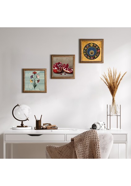 Ebru Sanatı, Nazar, Nar Taş Duvar Tablosu Ahşap Çerçeveli Duvar Dekoru 3 Parça Tablo Seti Wall Art W3-1620