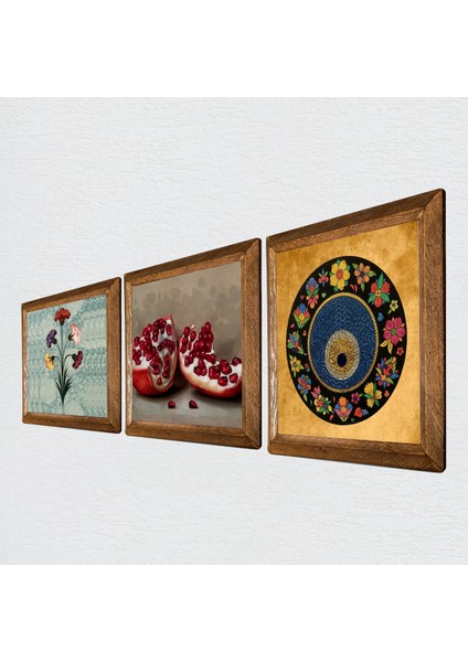 Ebru Sanatı, Nazar, Nar Taş Duvar Tablosu Ahşap Çerçeveli Duvar Dekoru 3 Parça Tablo Seti Wall Art W3-1620
