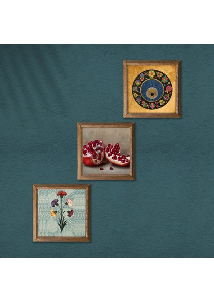 Ebru Sanatı, Nazar, Nar Taş Duvar Tablosu Ahşap Çerçeveli Duvar Dekoru 3 Parça Tablo Seti Wall Art W3-1620