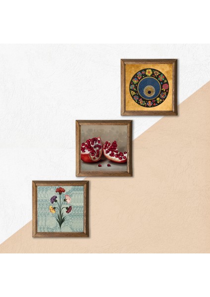 Ebru Sanatı, Nazar, Nar Taş Duvar Tablosu Ahşap Çerçeveli Duvar Dekoru 3 Parça Tablo Seti Wall Art W3-1620