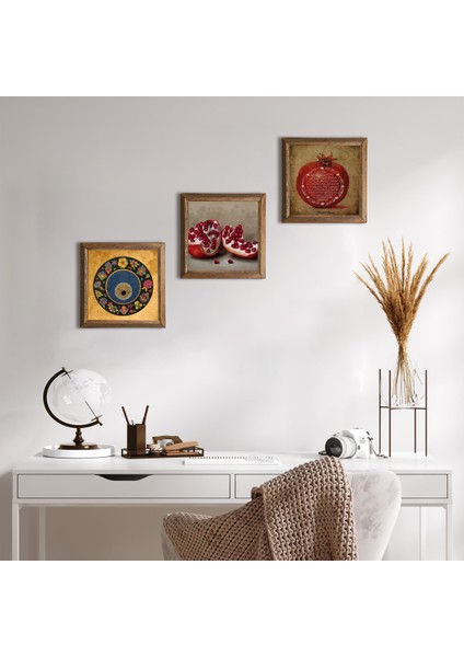 Nazar Boncuğu, Bereket Duası, Nar Taş Duvar Tablosu Ahşap Çerçeveli Duvar Dekoru 3 Parça Tablo Seti Wall Art W3-1625