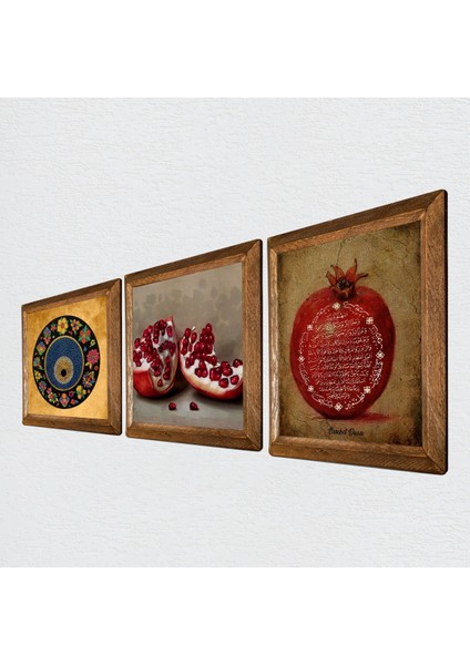 Nazar Boncuğu, Bereket Duası, Nar Taş Duvar Tablosu Ahşap Çerçeveli Duvar Dekoru 3 Parça Tablo Seti Wall Art W3-1625 fiyatları