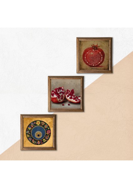 Nazar Boncuğu, Bereket Duası, Nar Taş Duvar Tablosu Ahşap Çerçeveli Duvar Dekoru 3 Parça Tablo Seti Wall Art W3-1625 indirimleri