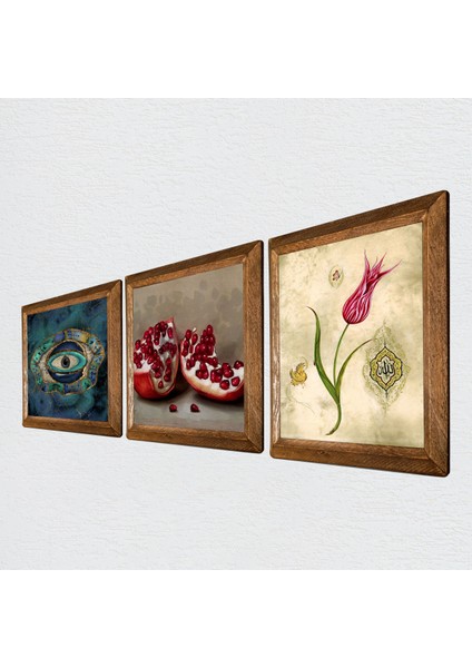 Nazar, Lale Ebru Sanatı, Nar Taş Duvar Tablosu Ahşap Çerçeveli Duvar Dekoru 3 Parça Tablo Seti Wall Art W3-1633