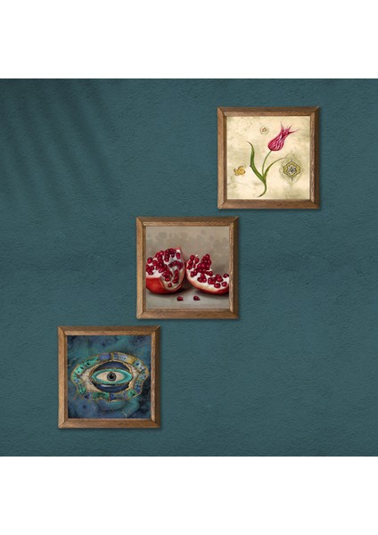 Nazar, Lale Ebru Sanatı, Nar Taş Duvar Tablosu Ahşap Çerçeveli Duvar Dekoru 3 Parça Tablo Seti Wall Art W3-1633