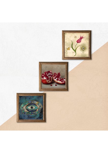 Nazar, Lale Ebru Sanatı, Nar Taş Duvar Tablosu Ahşap Çerçeveli Duvar Dekoru 3 Parça Tablo Seti Wall Art W3-1633