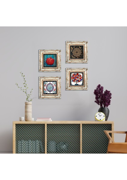 Sri Yantra, Çini Sanatı, Nar Ağacı, Nar Taş Duvar Tablosu Çerçeveli Duvar Dekoru 4 Parça Tablo Seti Wall Art T4-256