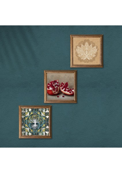 Hayat Ağacı, Lotus Çiçeği, Nar Taş Duvar Tablosu Ahşap Çerçeveli Duvar Dekoru 3 Parça Tablo Seti Wall Art W3-1647