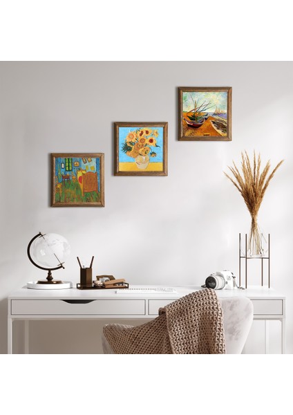 Van Gogh Taş Duvar Tablosu Ahşap Çerçeveli Duvar Dekoru 3 Parça Tablo Seti Wall Art W3-553