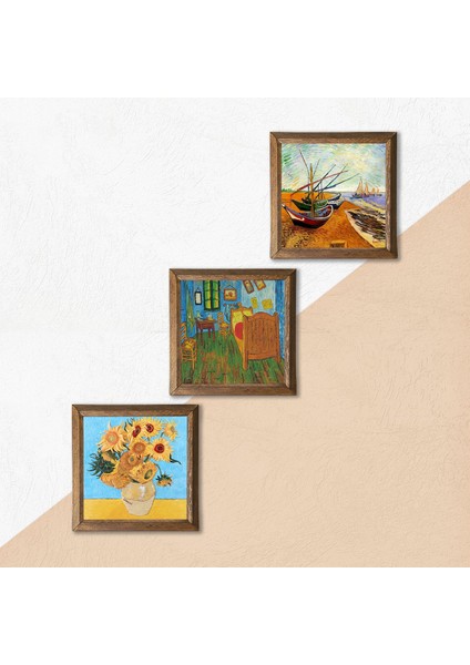 Van Gogh Taş Duvar Tablosu Ahşap Çerçeveli Duvar Dekoru 3 Parça Tablo Seti Wall Art W3-553 indirimleri