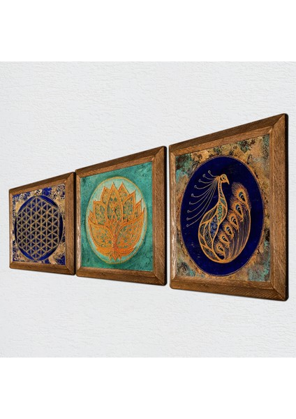 Lotus Çiçeği, Tavus Kuşu, Yaşam Çiçeği Ahşap Çerçeveli Taş Duvar Tablosu 3’lü Set – 25x25 cm Dekoratif Modern Sanat – Ev ve Ofis Dekoru |W3-63| fiyatları