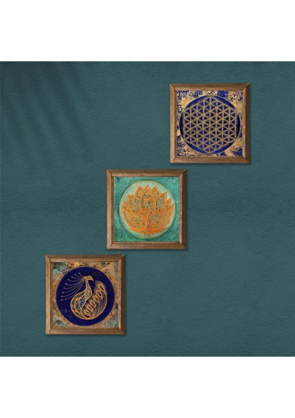 Lotus Çiçeği, Tavus Kuşu, Yaşam Çiçeği Ahşap Çerçeveli Taş Duvar Tablosu 3’lü Set – 25x25 cm Dekoratif Modern Sanat – Ev ve Ofis Dekoru |W3-63| modelleri