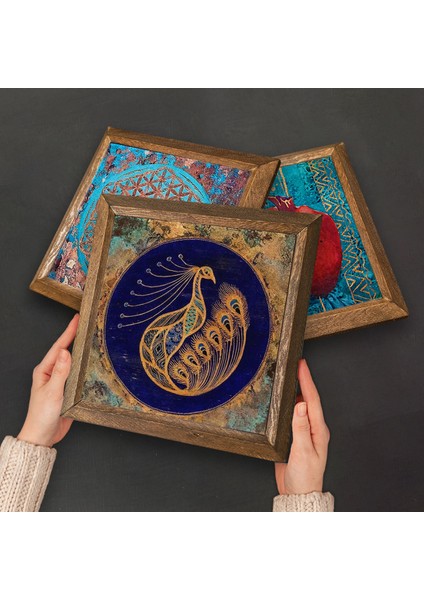 Lotus Çiçeği, Tavus Kuşu, Yaşam Çiçeği Ahşap Çerçeveli Taş Duvar Tablosu 3’lü Set – 25x25 cm Dekoratif Modern Sanat – Ev ve Ofis Dekoru |W3-63| fırsatları
