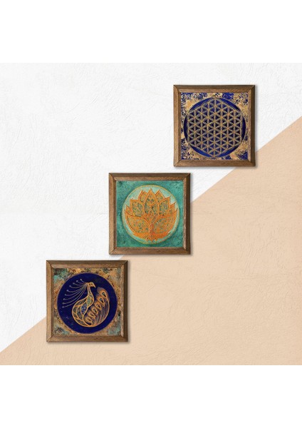 Lotus Çiçeği, Tavus Kuşu, Yaşam Çiçeği Ahşap Çerçeveli Taş Duvar Tablosu 3’lü Set – 25x25 cm Dekoratif Modern Sanat – Ev ve Ofis Dekoru |W3-63| indirimleri