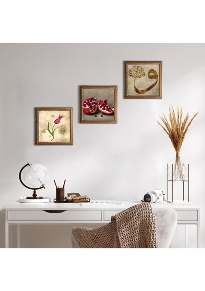 Lale Ebru Sanatı, Elif, Nar Taş Duvar Tablosu Ahşap Çerçeveli Duvar Dekoru 3 Parça Tablo Seti Wall Art W3-643