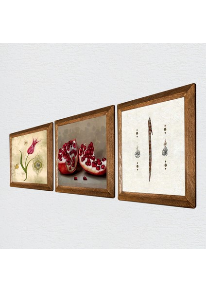Lale Ebru Sanatı, Elif, Nar Taş Duvar Tablosu Ahşap Çerçeveli Duvar Dekoru 3 Parça Tablo Seti Wall Art W3-643