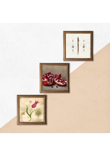 Lale Ebru Sanatı, Elif, Nar Taş Duvar Tablosu Ahşap Çerçeveli Duvar Dekoru 3 Parça Tablo Seti Wall Art W3-643