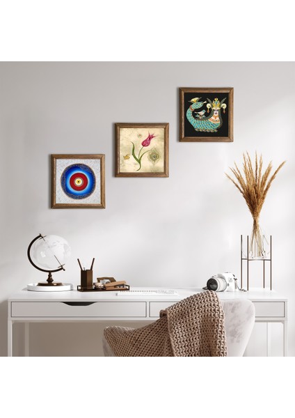 Stone Nazar, Lale Ebru Sanatı, Şahmeran Ahşap Çerçeveli Taş Duvar Tablosu 3’lü Set – 25x25 cm Dekoratif Modern Sanat – Ev ve Ofis Dekoru |W3-673|