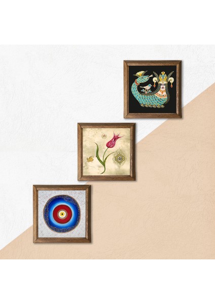 Stone Nazar, Lale Ebru Sanatı, Şahmeran Ahşap Çerçeveli Taş Duvar Tablosu 3’lü Set – 25x25 cm Dekoratif Modern Sanat – Ev ve Ofis Dekoru |W3-673| indirimleri