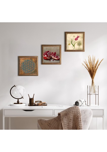 Yaşam Çiçeği, Lale Ebru Sanatı, Nar Taş Duvar Tablosu Ahşap Çerçeveli Duvar Dekoru 3 Parça Tablo Seti Wall Art W3-1638