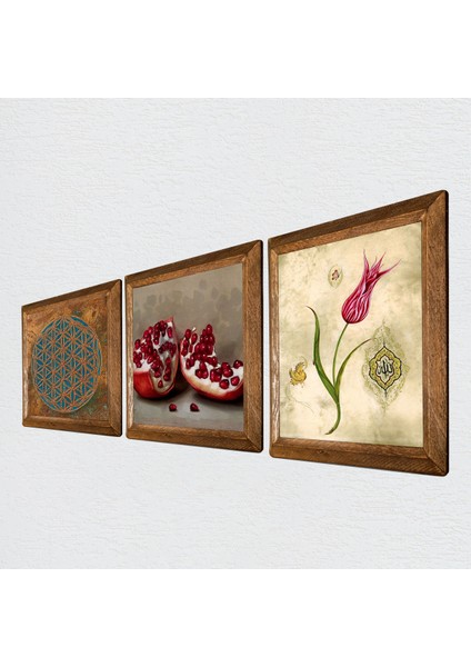 Yaşam Çiçeği, Lale Ebru Sanatı, Nar Taş Duvar Tablosu Ahşap Çerçeveli Duvar Dekoru 3 Parça Tablo Seti Wall Art W3-1638 fiyatları