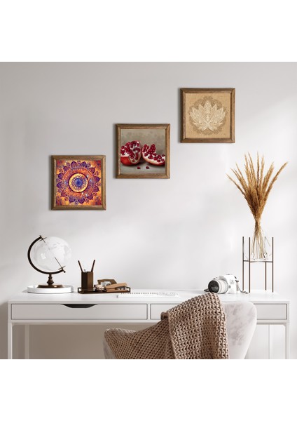 Mandala, Lotus Çiçeği, Nar Taş Duvar Tablosu Ahşap Çerçeveli Duvar Dekoru 3 Parça Tablo Seti Wall Art W3-1646