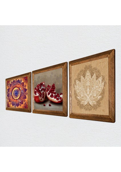 Mandala, Lotus Çiçeği, Nar Taş Duvar Tablosu Ahşap Çerçeveli Duvar Dekoru 3 Parça Tablo Seti Wall Art W3-1646 fiyatları