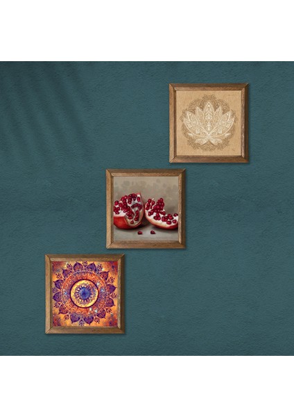 Mandala, Lotus Çiçeği, Nar Taş Duvar Tablosu Ahşap Çerçeveli Duvar Dekoru 3 Parça Tablo Seti Wall Art W3-1646 modelleri