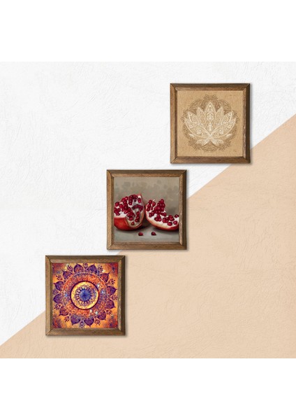 Mandala, Lotus Çiçeği, Nar Taş Duvar Tablosu Ahşap Çerçeveli Duvar Dekoru 3 Parça Tablo Seti Wall Art W3-1646 indirimleri