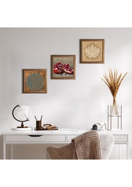Yaşam Çiçeği, Lotus Çiçeği, Nar Ahşap Çerçeveli Taş Duvar Tablosu 3’lü Set – 25x25 cm Dekoratif Modern Sanat – Ev ve Ofis Dekoru |W3-1649|