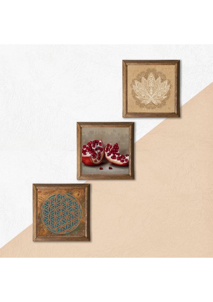 Yaşam Çiçeği, Lotus Çiçeği, Nar Ahşap Çerçeveli Taş Duvar Tablosu 3’lü Set – 25x25 cm Dekoratif Modern Sanat – Ev ve Ofis Dekoru |W3-1649| indirimleri