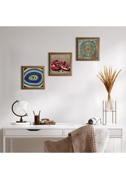 Nazar, Yaşam Çiçeği, Nar Ahşap Çerçeveli Taş Duvar Tablosu 3’lü Set – 25x25 cm Dekoratif Modern Sanat – Ev ve Ofis Dekoru |W3-1654|