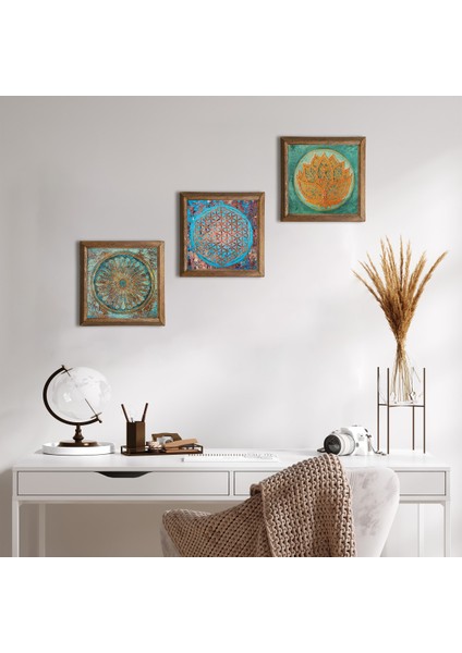 Lotus Çiçeği, Yaşam Çiçeği Ahşap Çerçeveli Taş Duvar Tablosu 3’lü Set – 25x25 cm Dekoratif Modern Sanat – Ev ve Ofis Dekoru |W3-41|