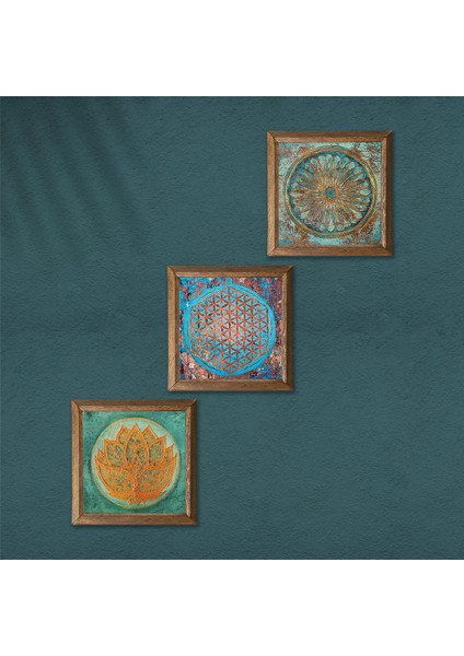 Lotus Çiçeği, Yaşam Çiçeği Ahşap Çerçeveli Taş Duvar Tablosu 3’lü Set – 25x25 cm Dekoratif Modern Sanat – Ev ve Ofis Dekoru |W3-41| modelleri