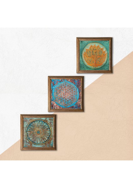 Lotus Çiçeği, Yaşam Çiçeği Ahşap Çerçeveli Taş Duvar Tablosu 3’lü Set – 25x25 cm Dekoratif Modern Sanat – Ev ve Ofis Dekoru |W3-41| indirimleri