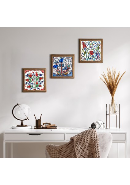 Çini Sanatı Lale, Yelkenli Gemi Taş Duvar Tablosu Ahşap Çerçeveli Duvar Dekoru 3 Parça Tablo Seti Wall Art W3-42