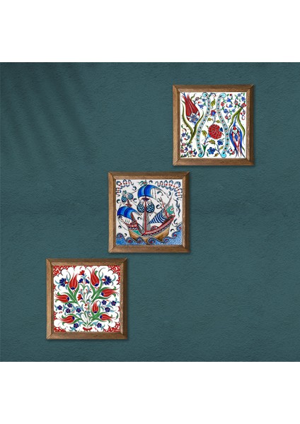 Çini Sanatı Lale, Yelkenli Gemi Taş Duvar Tablosu Ahşap Çerçeveli Duvar Dekoru 3 Parça Tablo Seti Wall Art W3-42 modelleri