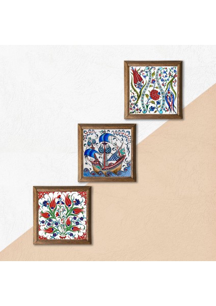 Çini Sanatı Lale, Yelkenli Gemi Taş Duvar Tablosu Ahşap Çerçeveli Duvar Dekoru 3 Parça Tablo Seti Wall Art W3-42 indirimleri