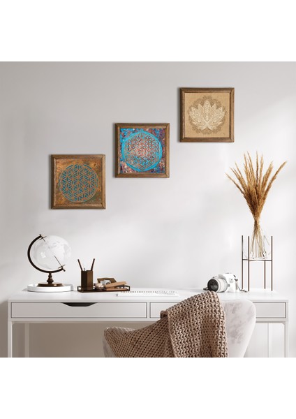 Yaşam Çiçeği, Lotus Çiçeği Ahşap Çerçeveli Taş Duvar Tablosu 3’lü Set – 25x25 cm Dekoratif Modern Sanat – Ev ve Ofis Dekoru |W3-526|