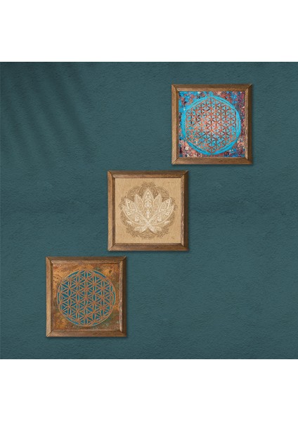 Yaşam Çiçeği, Lotus Çiçeği Ahşap Çerçeveli Taş Duvar Tablosu 3’lü Set – 25x25 cm Dekoratif Modern Sanat – Ev ve Ofis Dekoru |W3-526| modelleri
