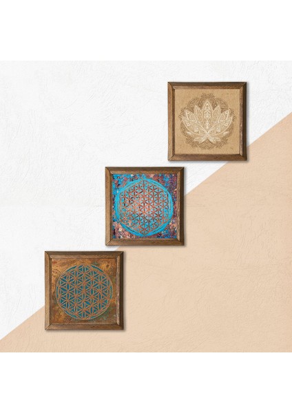 Yaşam Çiçeği, Lotus Çiçeği Ahşap Çerçeveli Taş Duvar Tablosu 3’lü Set – 25x25 cm Dekoratif Modern Sanat – Ev ve Ofis Dekoru |W3-526| indirimleri