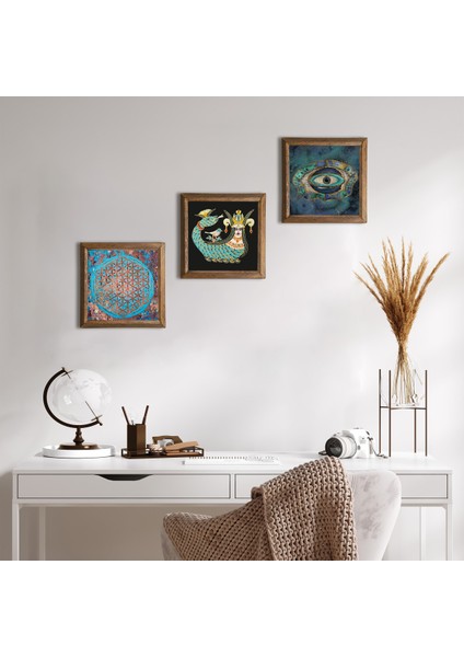 Stone Nazar, Yaşam Çiçeği, Şahmeran Ahşap Çerçeveli Taş Duvar Tablosu 3’lü Set – 25x25 cm Dekoratif Modern Sanat – Ev ve Ofis Dekoru |W3-82|