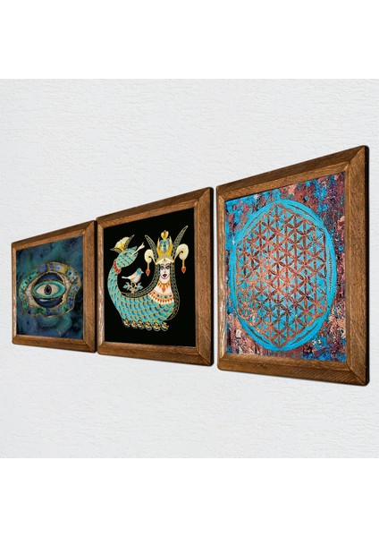 Stone Nazar, Yaşam Çiçeği, Şahmeran Ahşap Çerçeveli Taş Duvar Tablosu 3’lü Set – 25x25 cm Dekoratif Modern Sanat – Ev ve Ofis Dekoru |W3-82| fiyatları