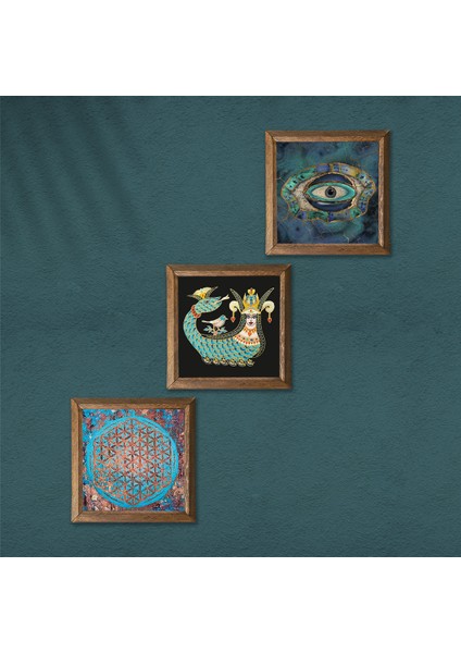 Stone Nazar, Yaşam Çiçeği, Şahmeran Ahşap Çerçeveli Taş Duvar Tablosu 3’lü Set – 25x25 cm Dekoratif Modern Sanat – Ev ve Ofis Dekoru |W3-82| modelleri