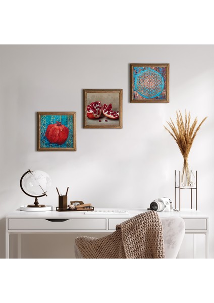 Yaşam Çiçeği, Nar Ahşap Çerçeveli Taş Duvar Tablosu 3’lü Set – 25x25 cm Dekoratif Modern Sanat – Ev ve Ofis Dekoru |W3-827|